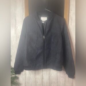 Helene Berman Womens Bomber Jacket Size L Navy Blue Blk Full Zip